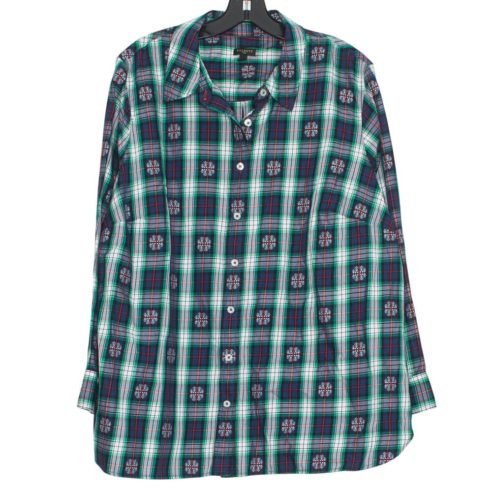Talbots Top Classic Preppy Business Casual Heritage Button Plaid Blue Green 2X